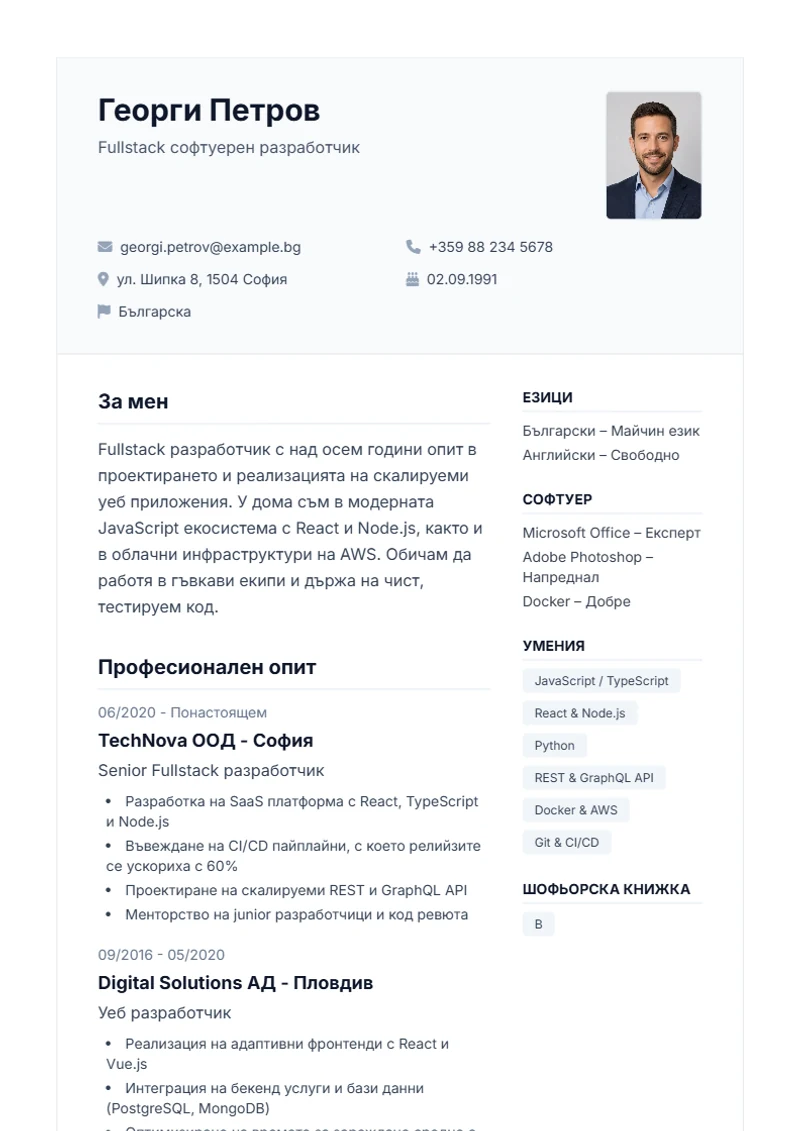Шаблон за автобиография Professional – образец