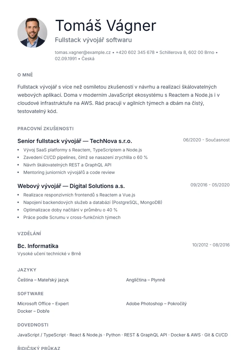 Šablona životopisu Minimal – ukázka