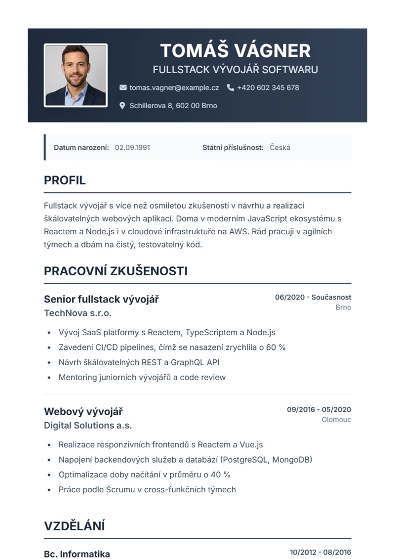 Šablona životopisu Profplus – ukázka