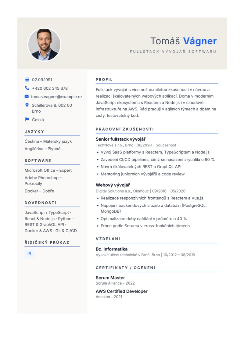 Šablona životopisu Weber – ukázka