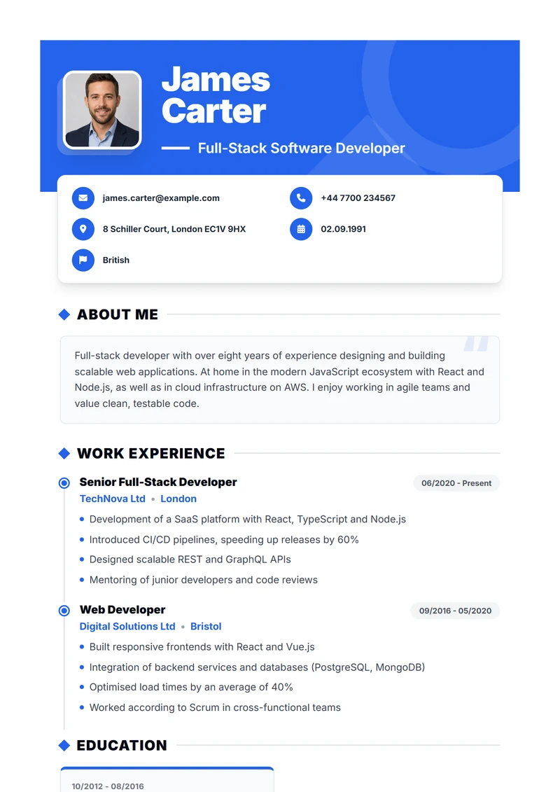 CV template Bold – sample compliant with DIN 5008