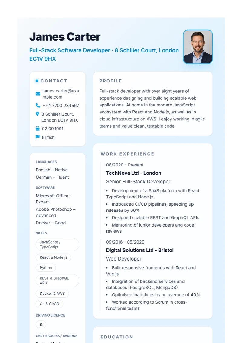 CV template Burya – sample compliant with DIN 5008