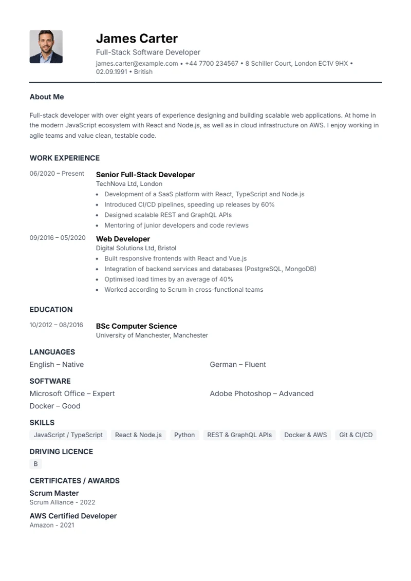 CV template Compact – sample compliant with DIN 5008