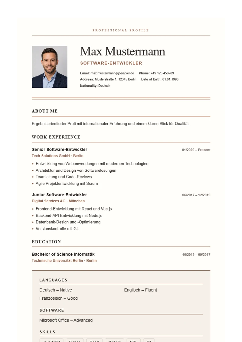 CV template Editorial Serif – sample compliant with DIN 5008
