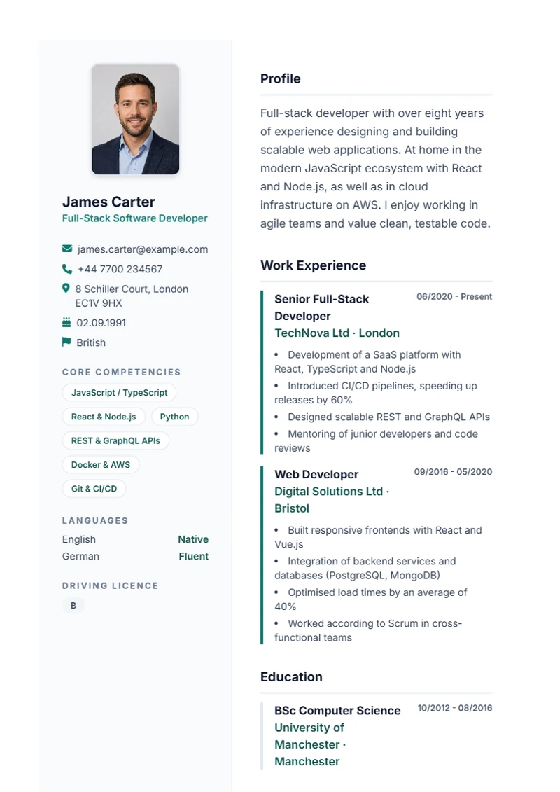 CV template Lebenslauf Pro – sample compliant with DIN 5008