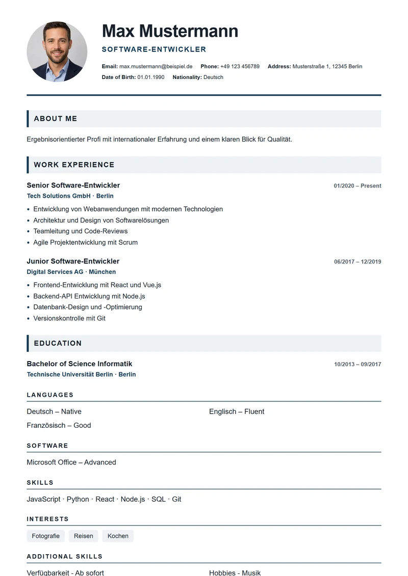 CV template London Professional – sample compliant with DIN 5008