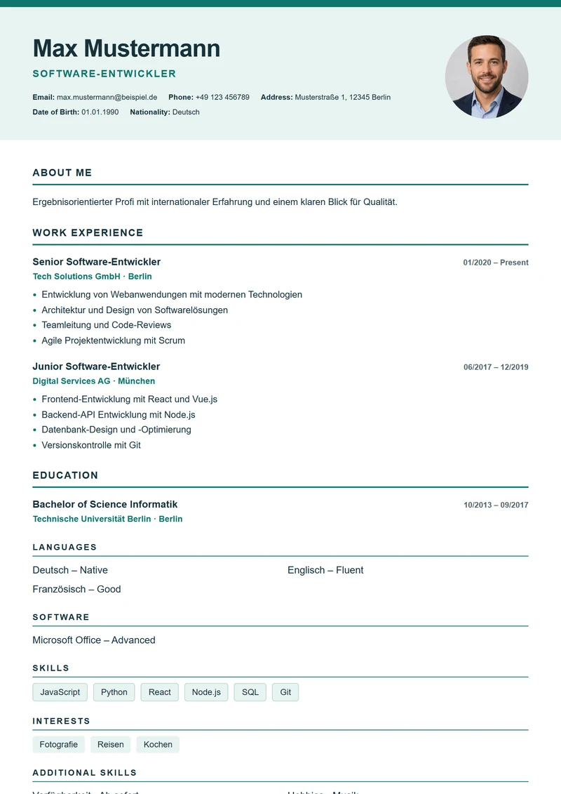 CV template Nordic Clean – sample compliant with DIN 5008