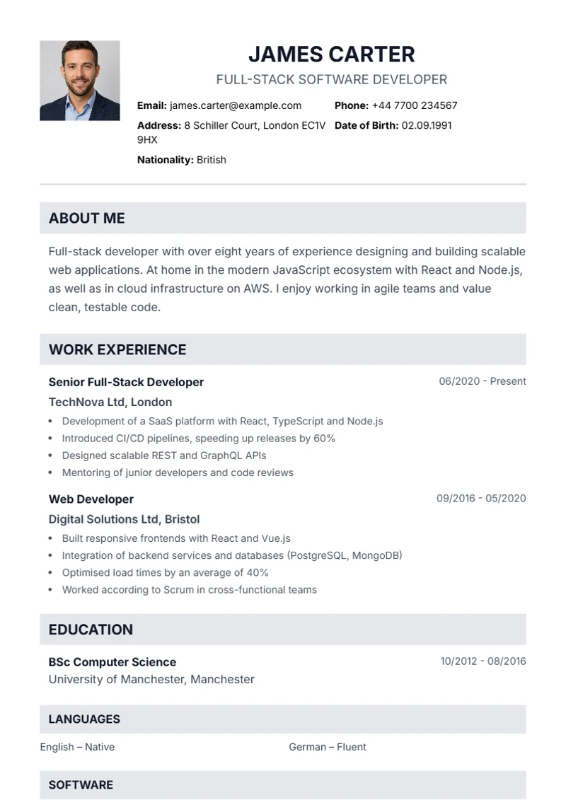 CV template Professional – sample compliant with DIN 5008
