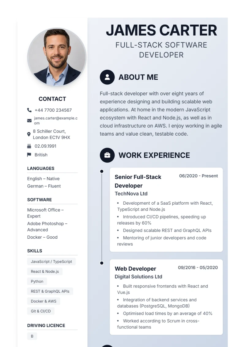 CV template Timeline – sample compliant with DIN 5008