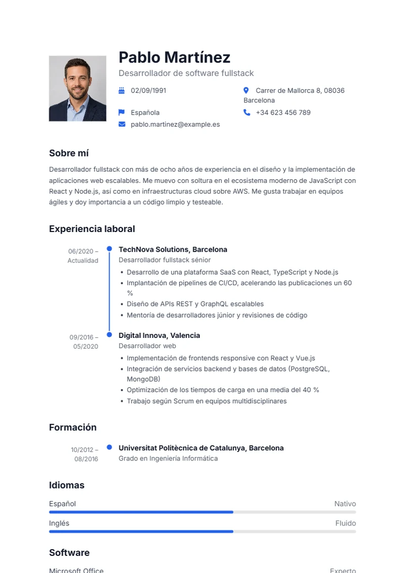 Plantilla de currículum Aqua – modelo según DIN 5008