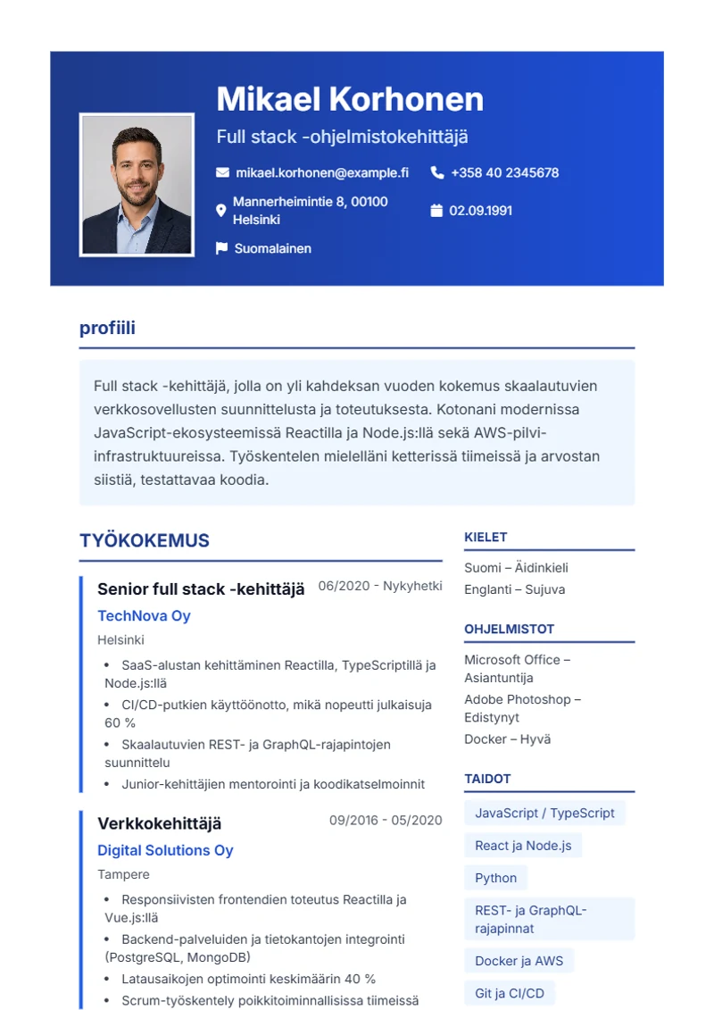 Ansioluettelopohja Corporate – malli DIN 5008 -standardin mukaan