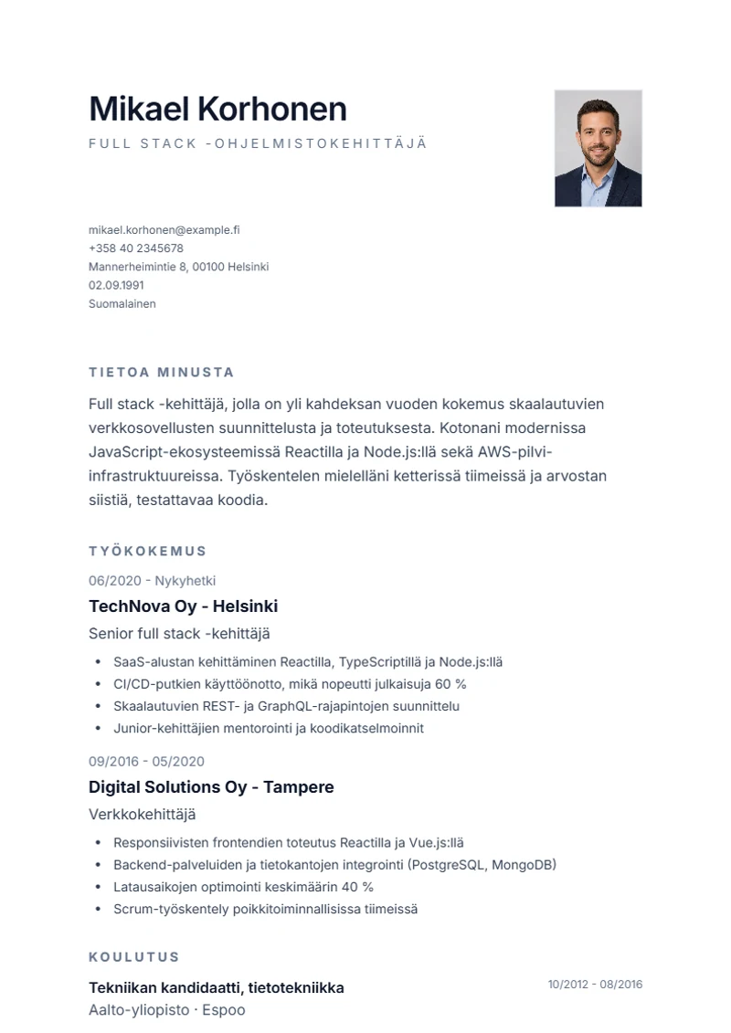 Ansioluettelopohja Minimal – malli DIN 5008 -standardin mukaan