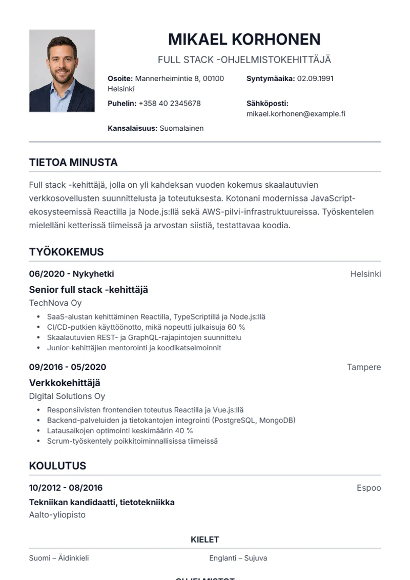 Ansioluettelopohja Traditional – malli DIN 5008 -standardin mukaan