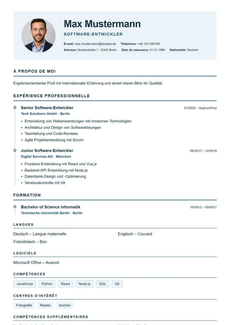 Modèle de CV European Timeline – exemple selon DIN 5008
