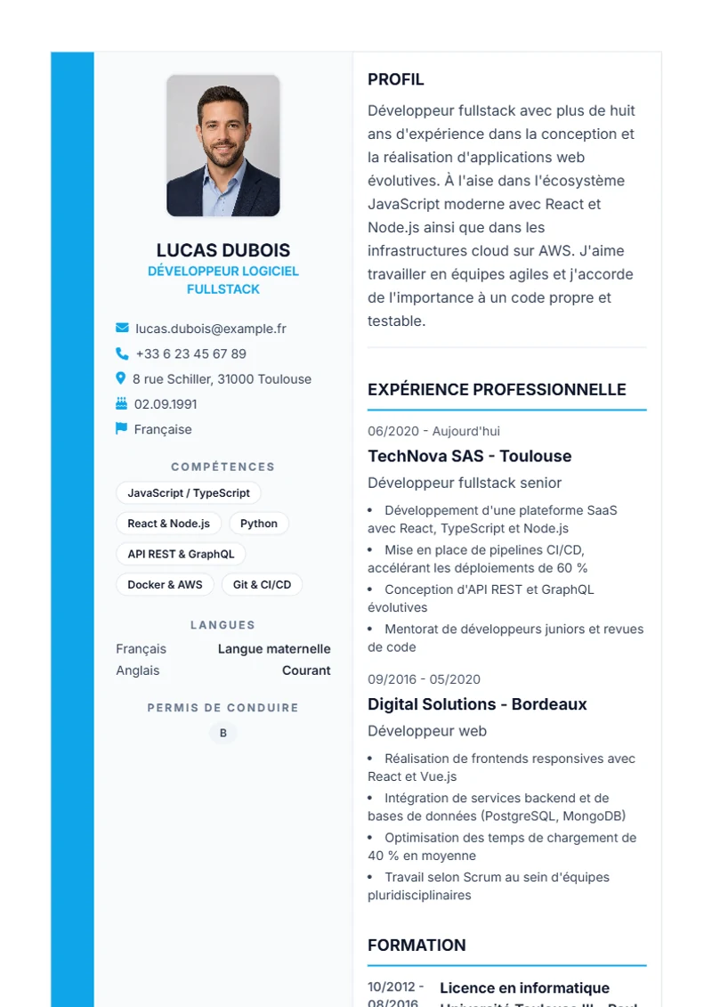 Modèle de CV Sidebar Pro – exemple selon DIN 5008