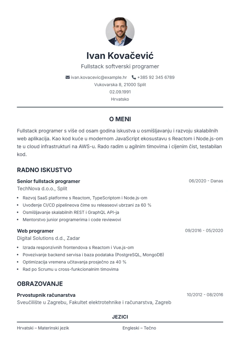 Predložak životopisa Classic – primjer