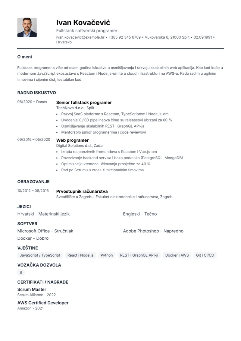 Predložak životopisa Compact – primjer