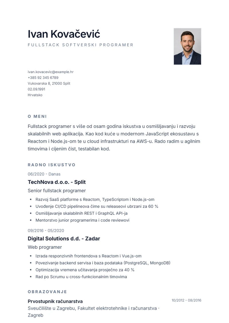 Predložak životopisa Minimal – primjer