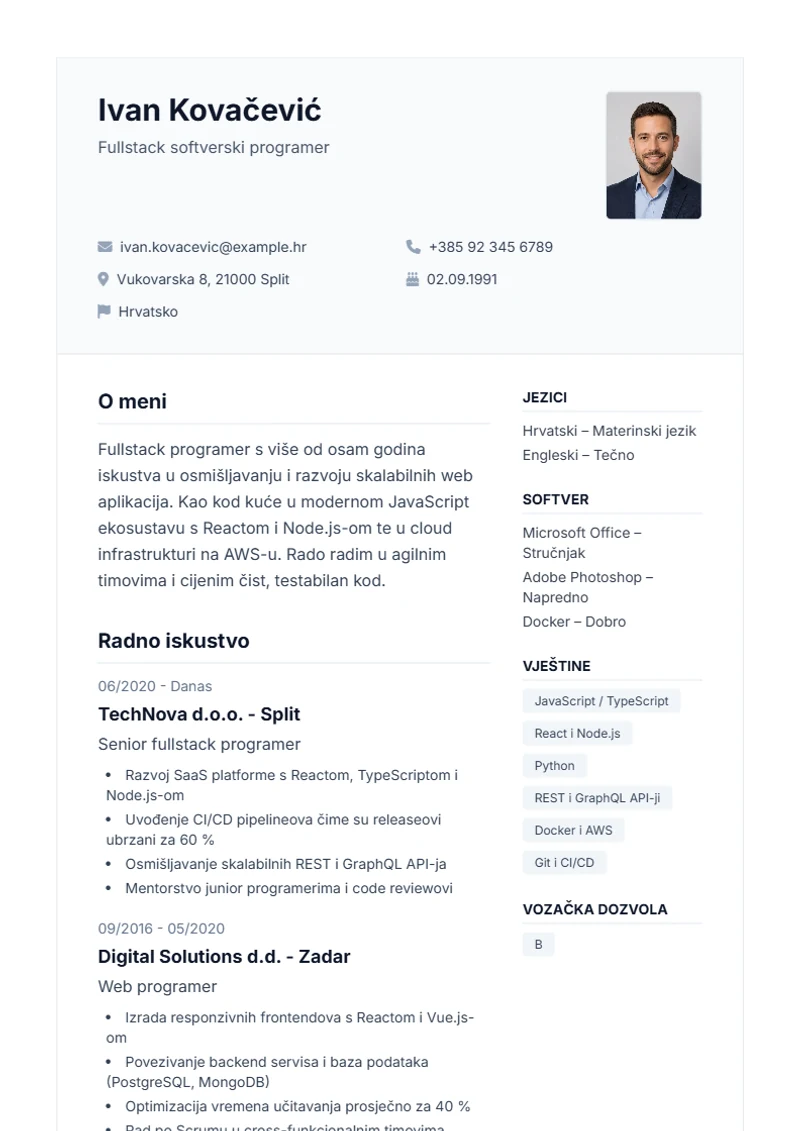 Predložak životopisa Professional – primjer