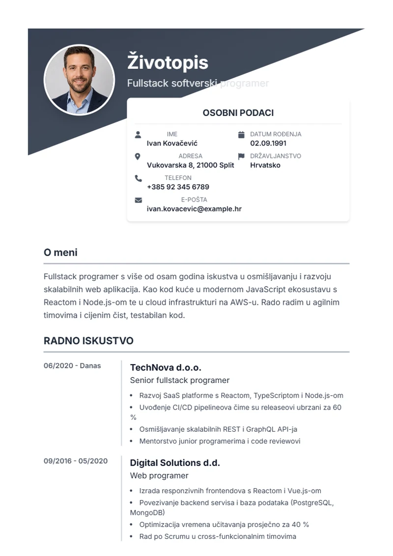 Predložak životopisa Diagonal – primjer