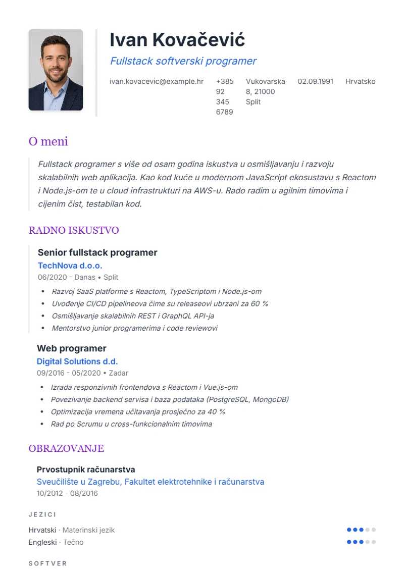 Predložak životopisa Elegant – primjer