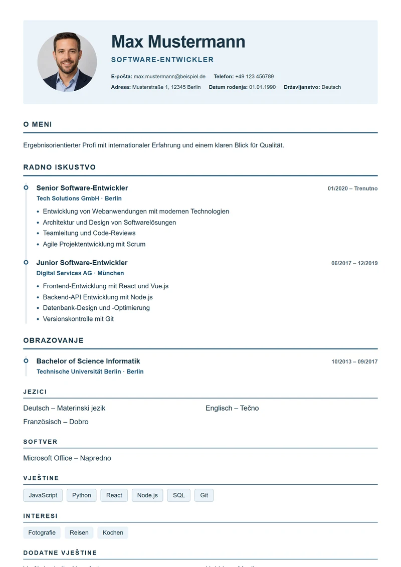 Predložak životopisa European Timeline – primjer