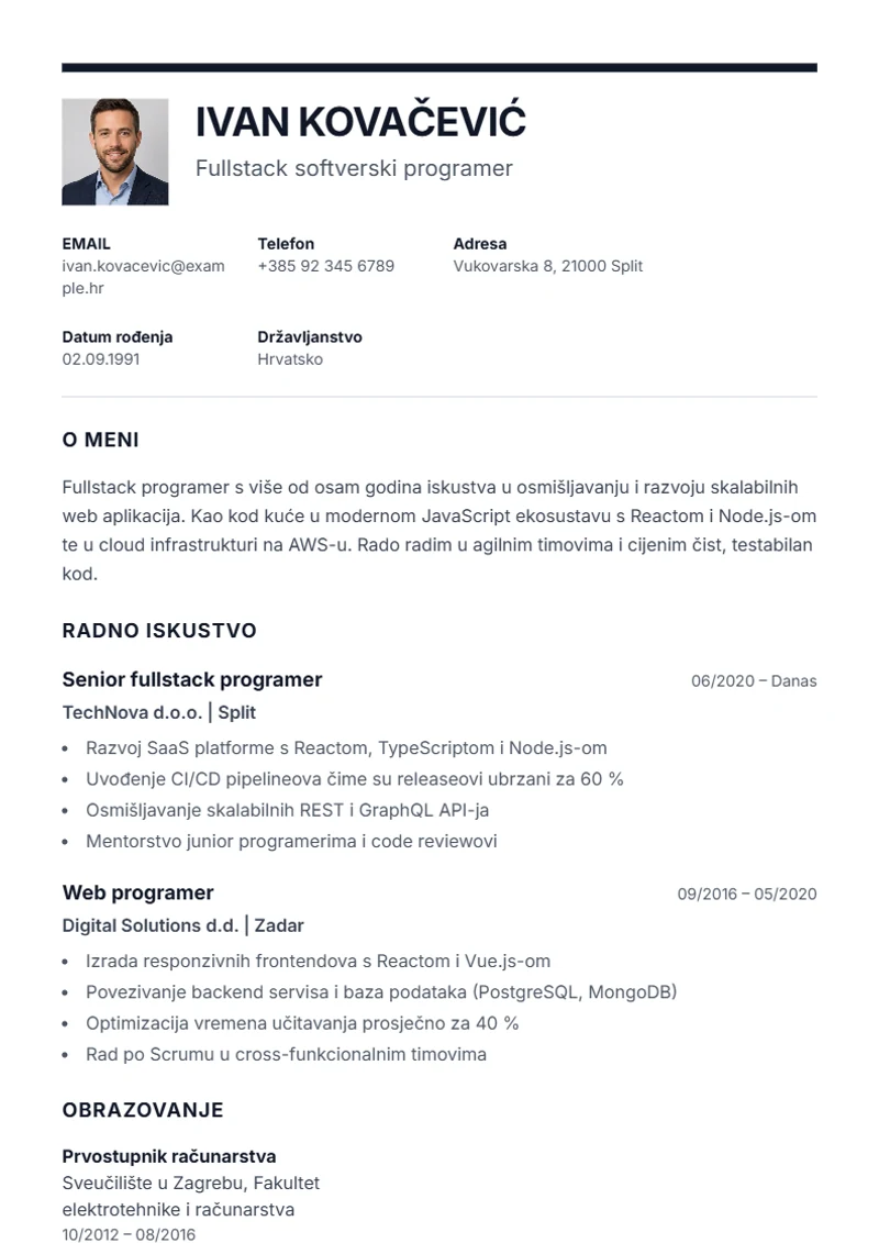 Predložak životopisa Executive – primjer