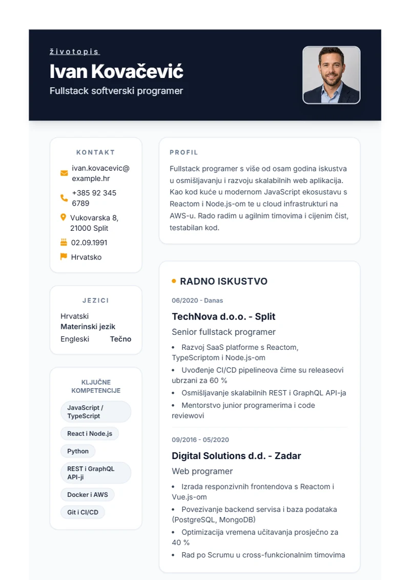 Predložak životopisa Formal – primjer