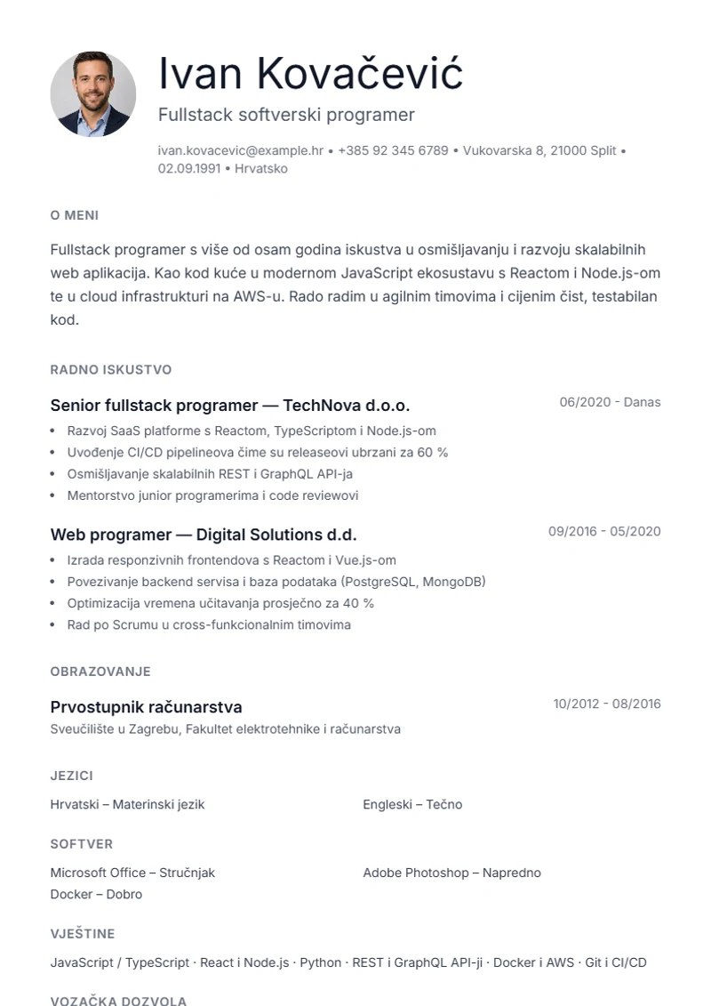 Predložak životopisa Minimal – primjer