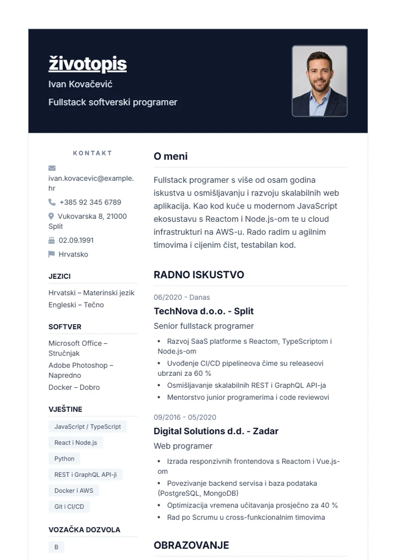 Predložak životopisa Nova – primjer