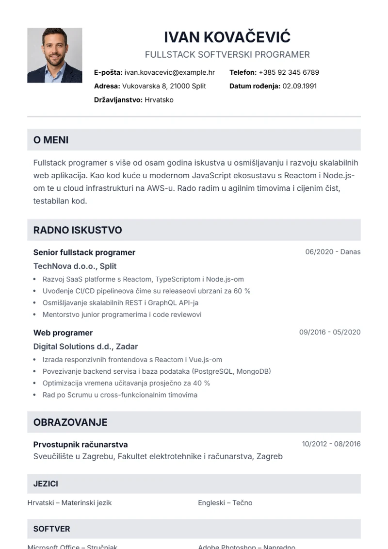 Predložak životopisa Professional – primjer