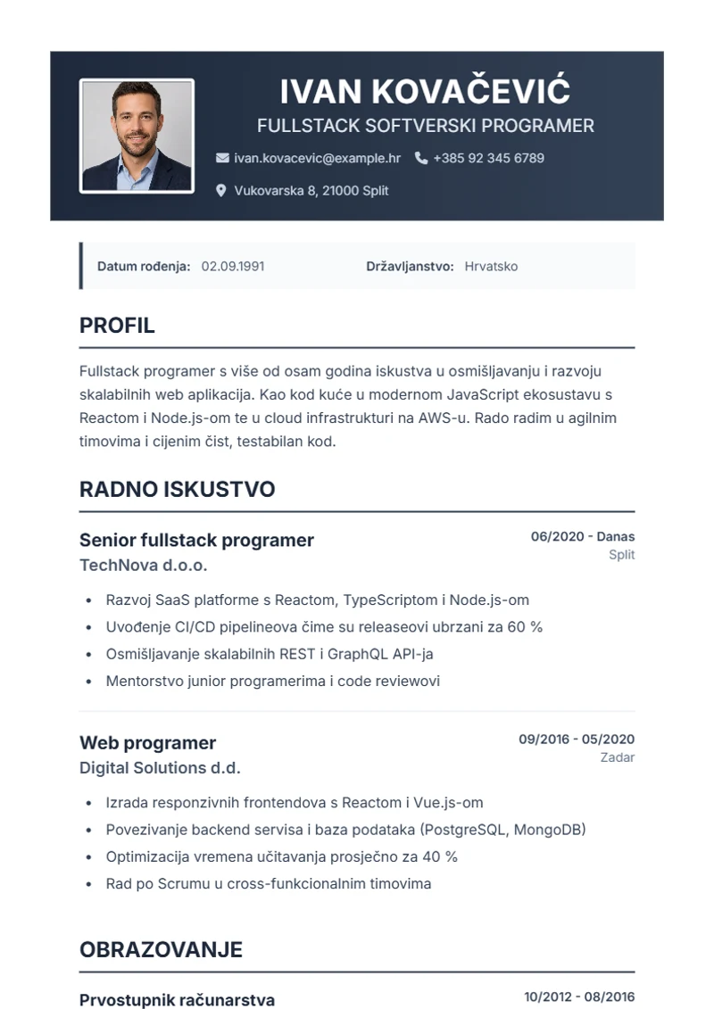Predložak životopisa Profplus – primjer