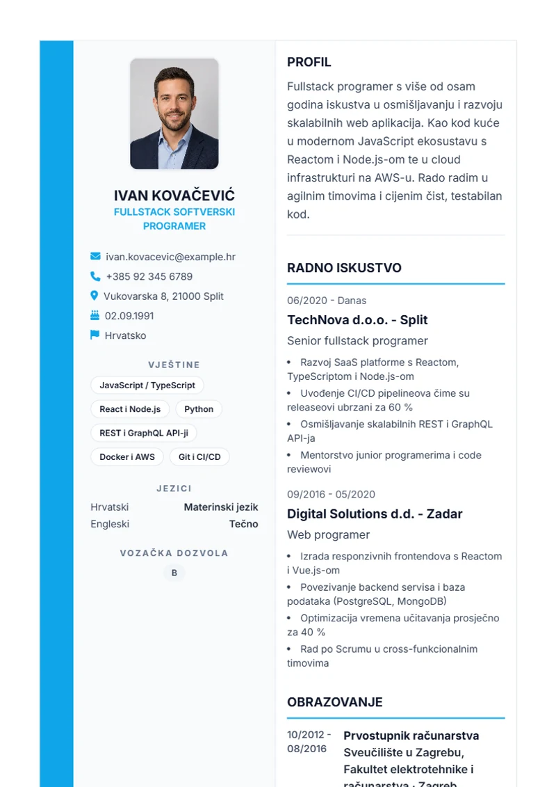 Predložak životopisa Sidebar Pro – primjer