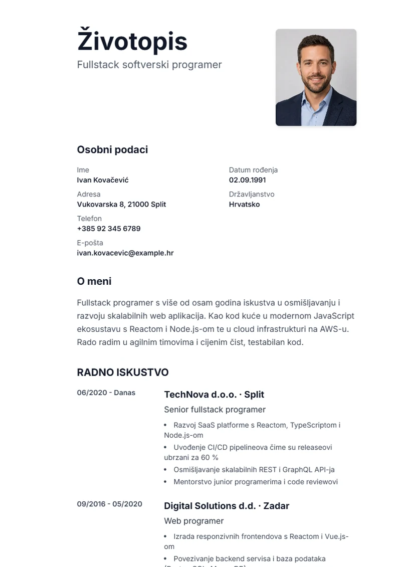 Predložak životopisa Sidebar – primjer