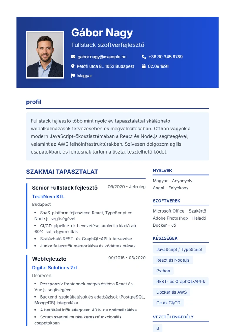 Corporate önéletrajz-sablon – minta