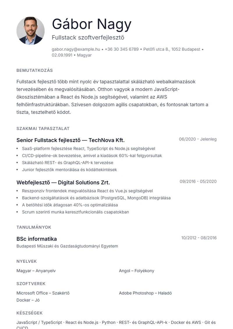 Minimal önéletrajz-sablon – minta