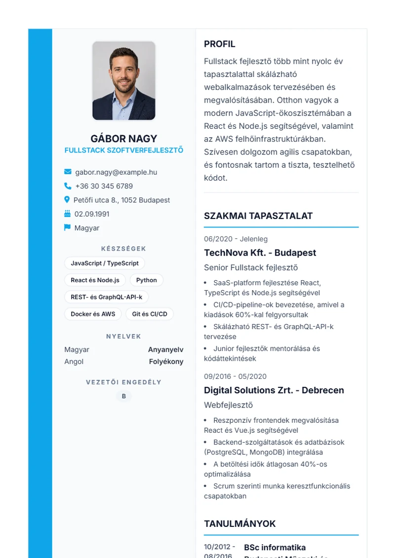 Sidebar Pro önéletrajz-sablon – minta