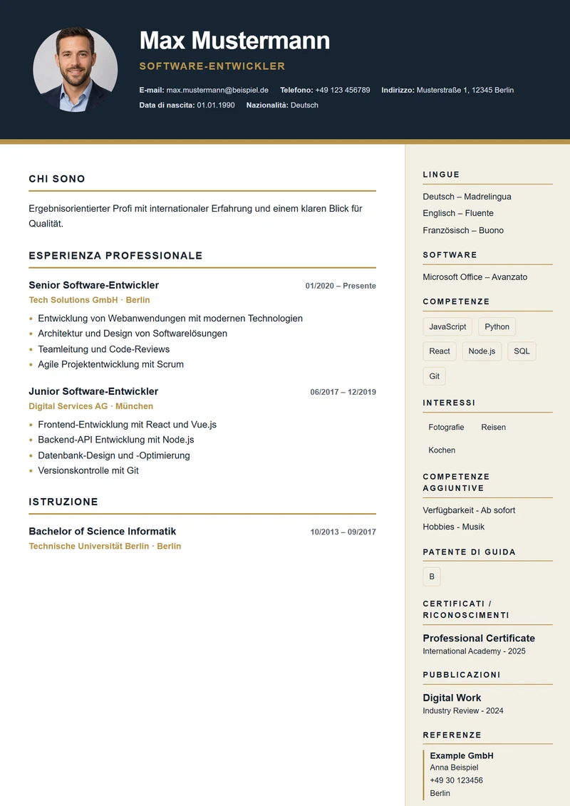 Modello di curriculum Executive Dark – esempio conforme alla DIN 5008