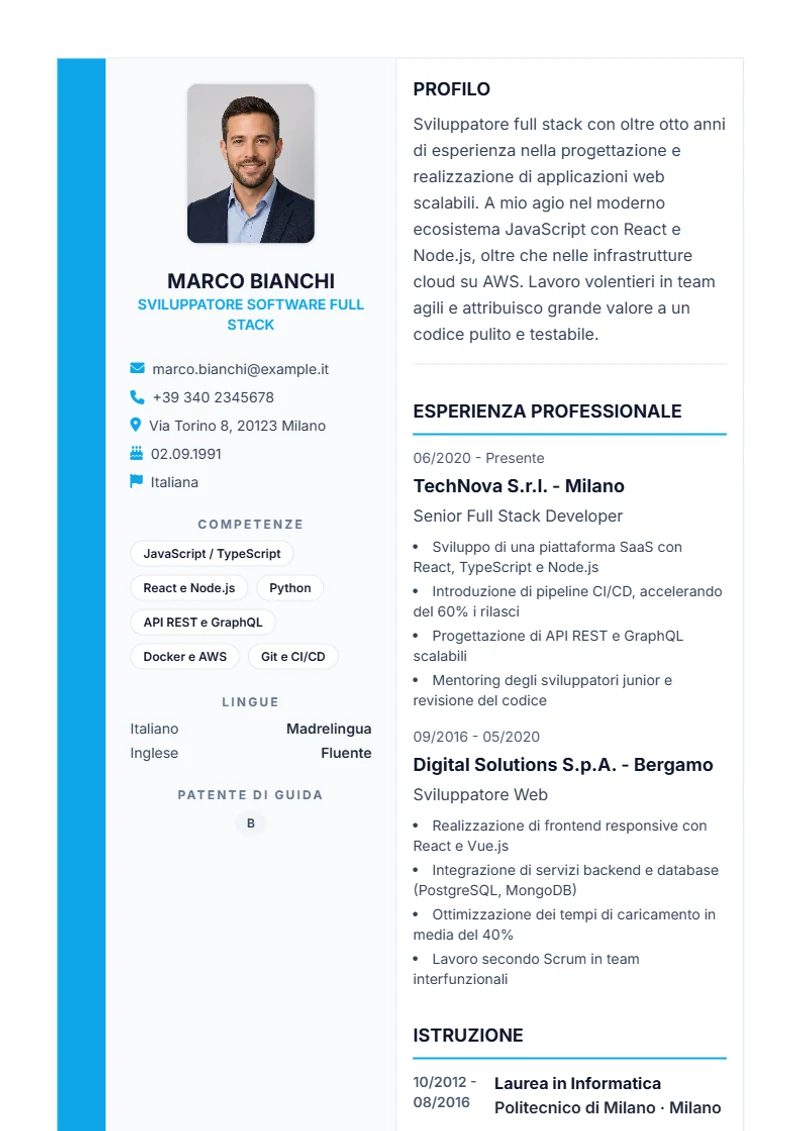 Modello di curriculum Sidebar Pro – esempio conforme alla DIN 5008