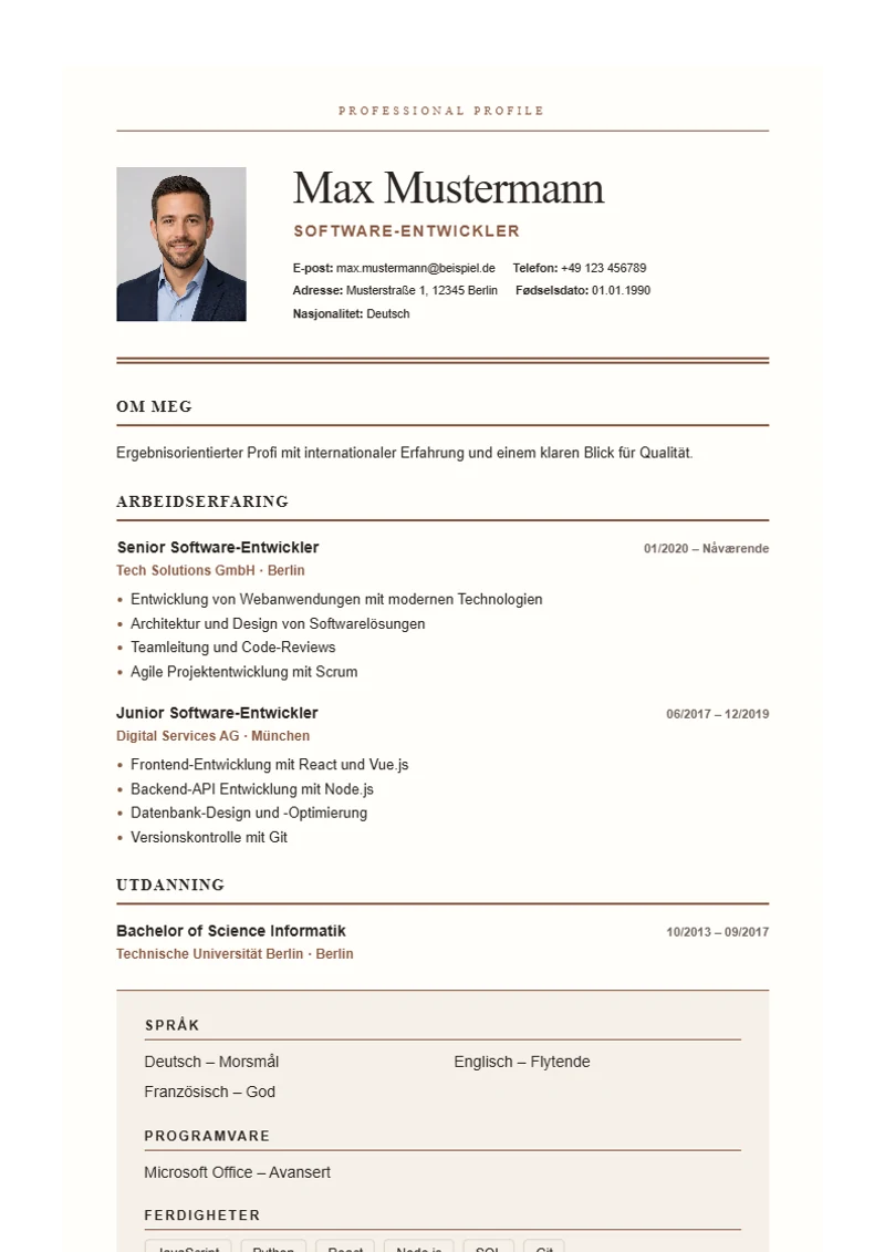 CV-mal Editorial Serif – eksempel etter DIN 5008
