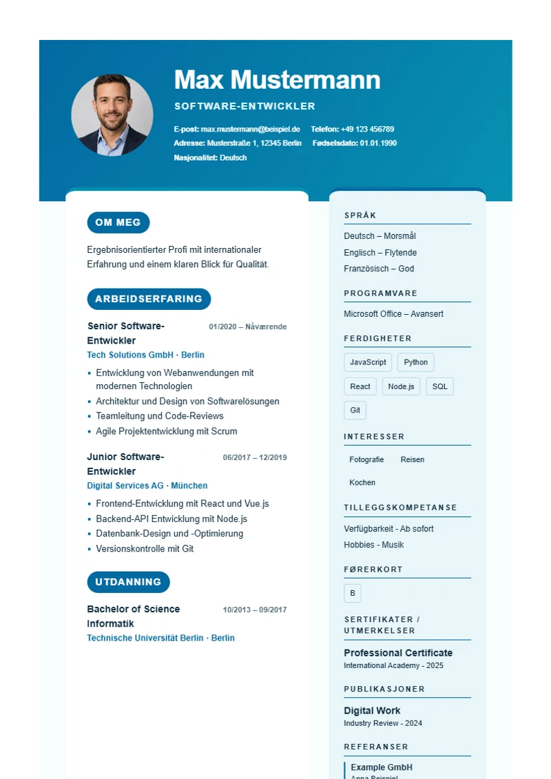 CV-mal Ocean Split – eksempel etter DIN 5008