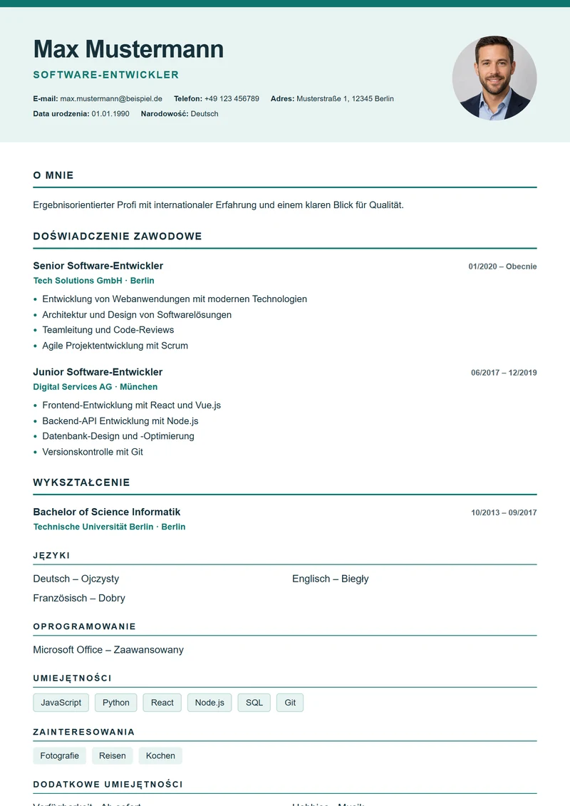 Szablon CV Nordic Clean – wzór zgodny z DIN 5008