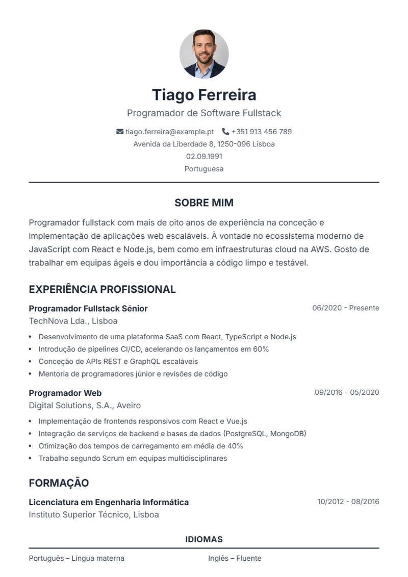 Modelo de currículo Classic – exemplo conforme a DIN 5008