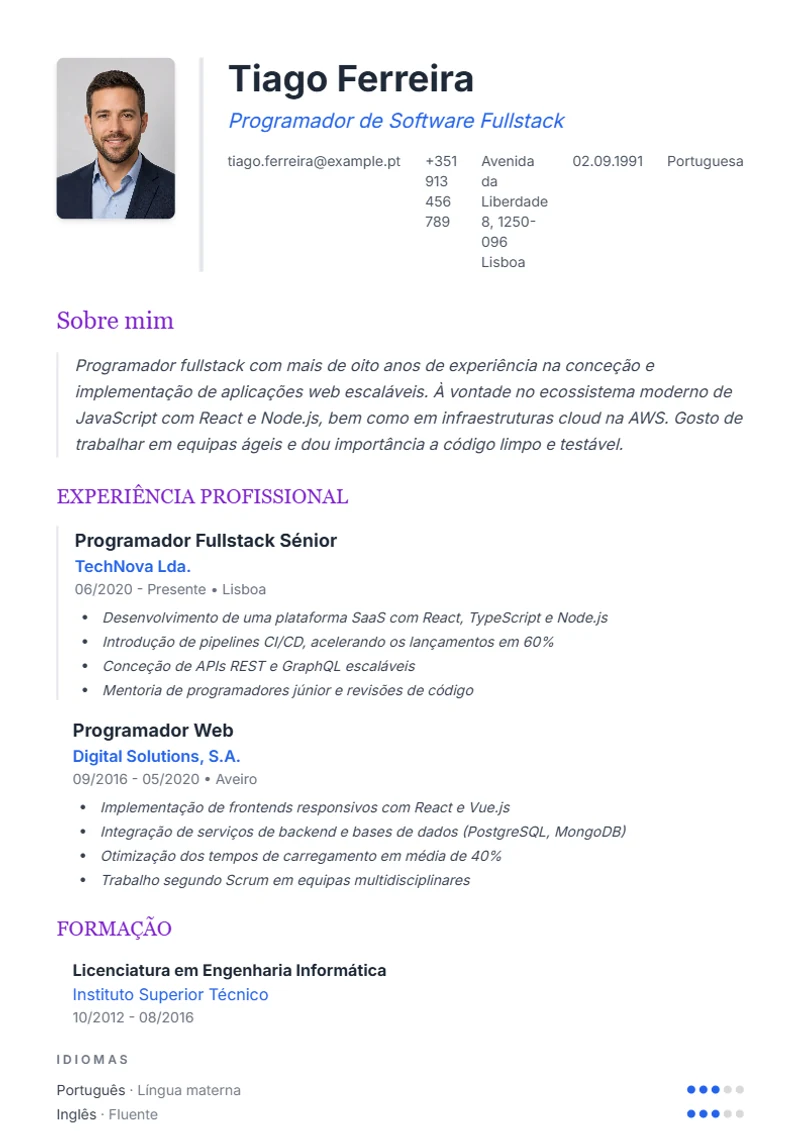 Modelo de currículo Elegant – exemplo conforme a DIN 5008
