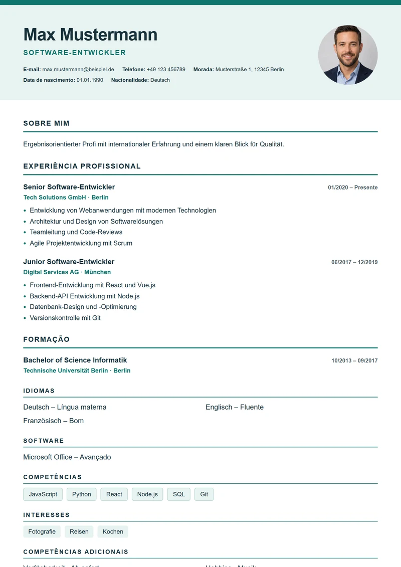 Modelo de currículo Nordic Clean – exemplo conforme a DIN 5008