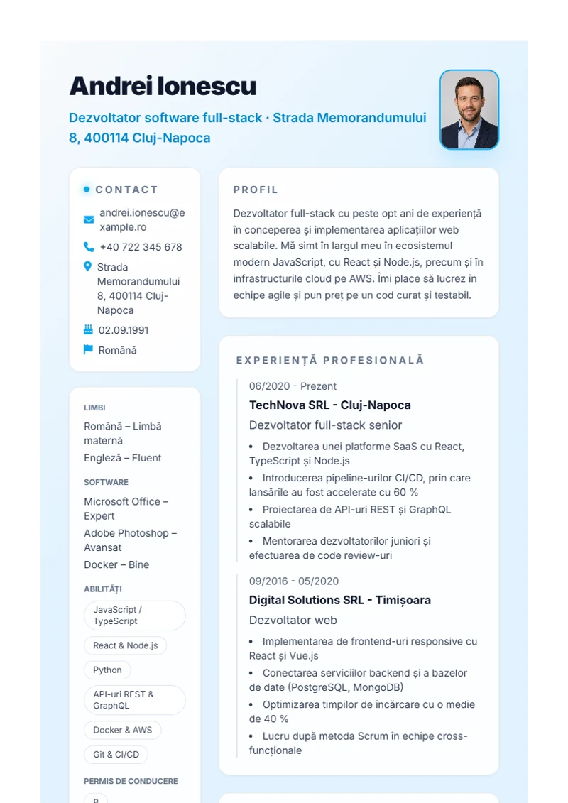 Model de CV Burya – exemplu