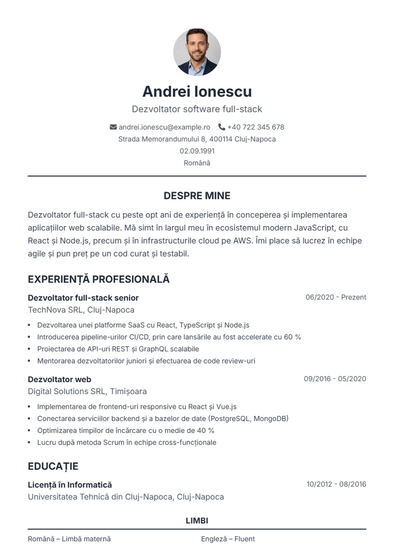 Model de CV Classic – exemplu