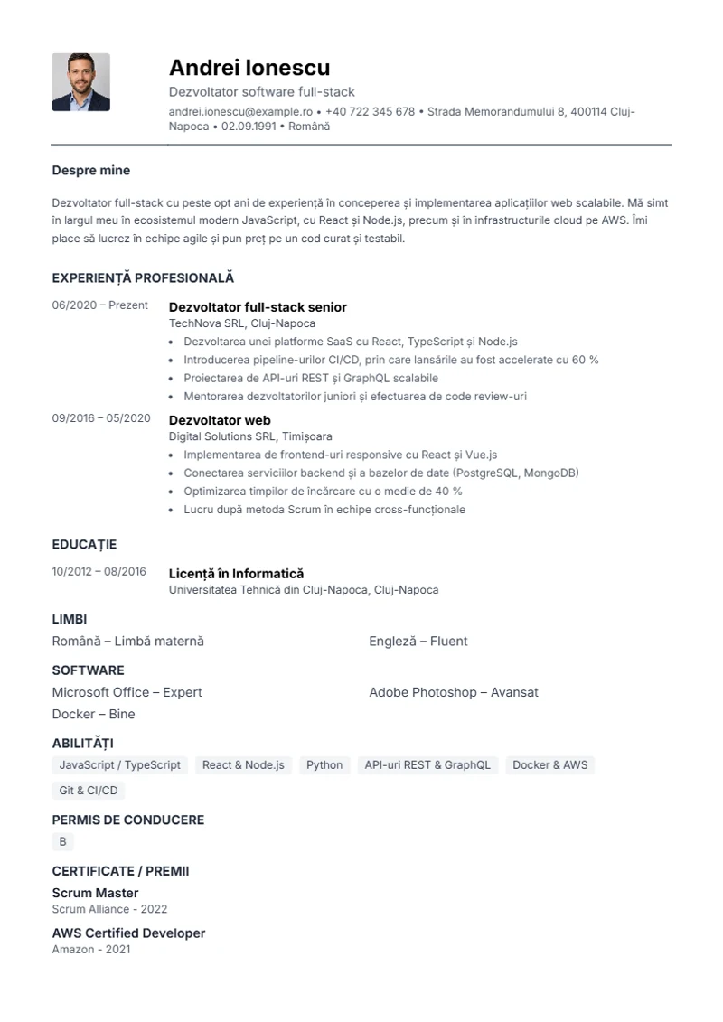 Model de CV Compact – exemplu