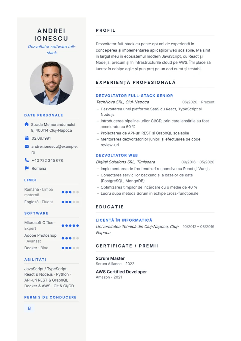 Model de CV Prestige – exemplu