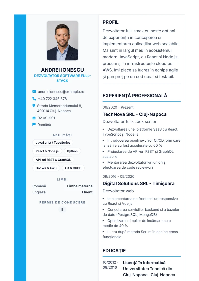 Model de CV Sidebar Pro – exemplu
